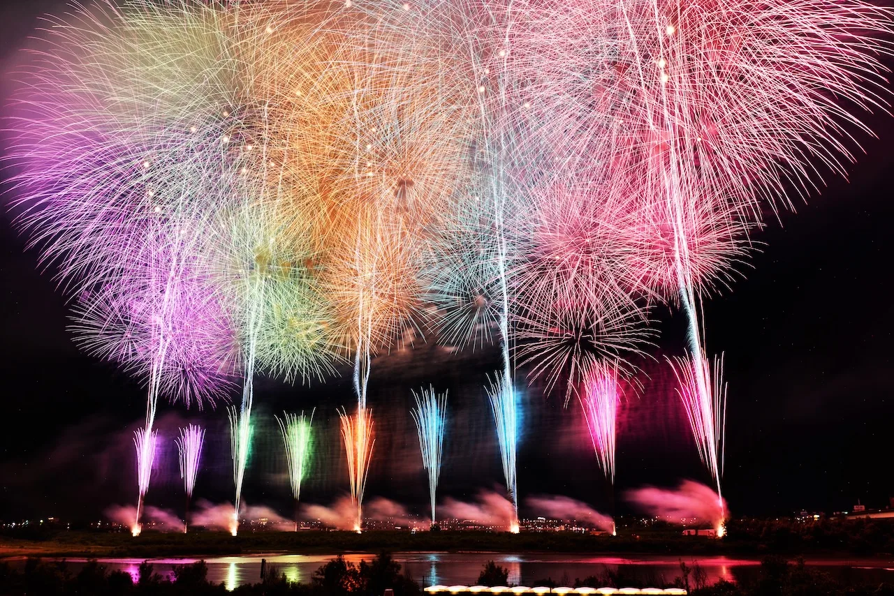 Celebratory fireworks along the Shinano River, launched to commemorate and honor the past